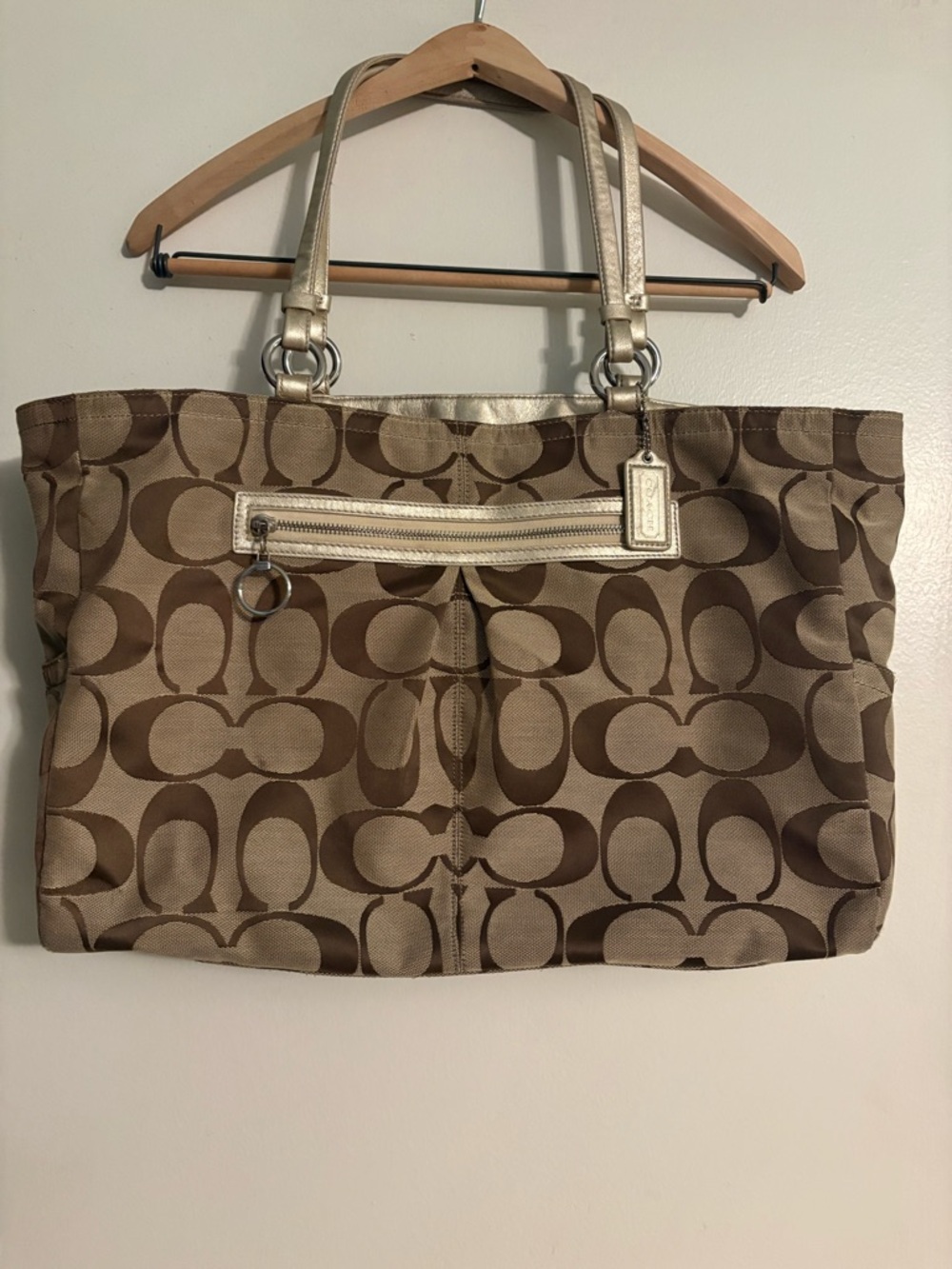 Coach Brown Signature Canvas Tote with Metallic Gold Straps
